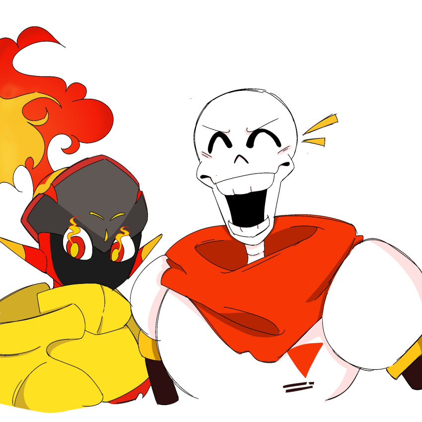 1:1, 1boy, 2023, 2d, ^o^, armarouge, armor, cape, closed_eyes, commentary, cropped_torso, crossover, digital_media, duo, english_commentary, flaming_eyes, highres, humanoid, male, monster, monster_boy, no_mouth, notice_lines, onerudegentlman, open_mouth, orange_pupils, papyrus_(undertale), pokemon, pokemon_(creature), red_cape, red_eyes, simple_background, skeleton, teeth, undead, undertale, utdr_(toby_fox), white_armor, white_background