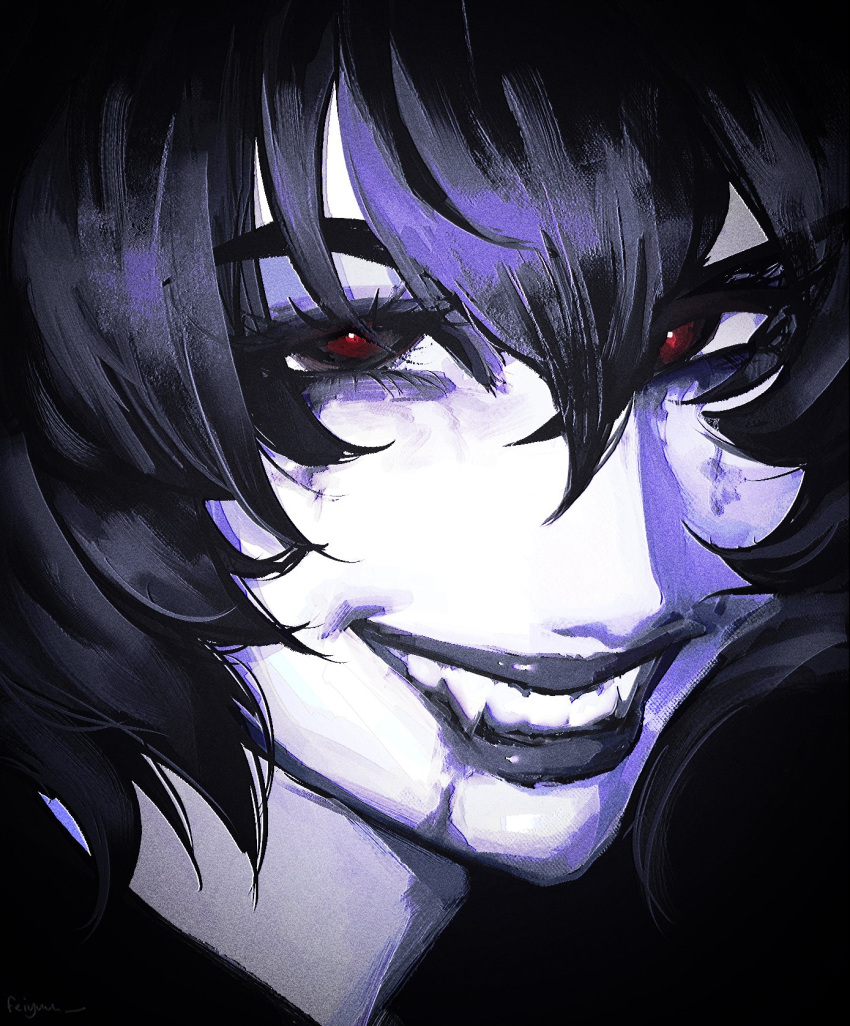 1girl, black_background, black_eyes, black_hair, black_lips, commentary, deadlock_(game), english_commentary