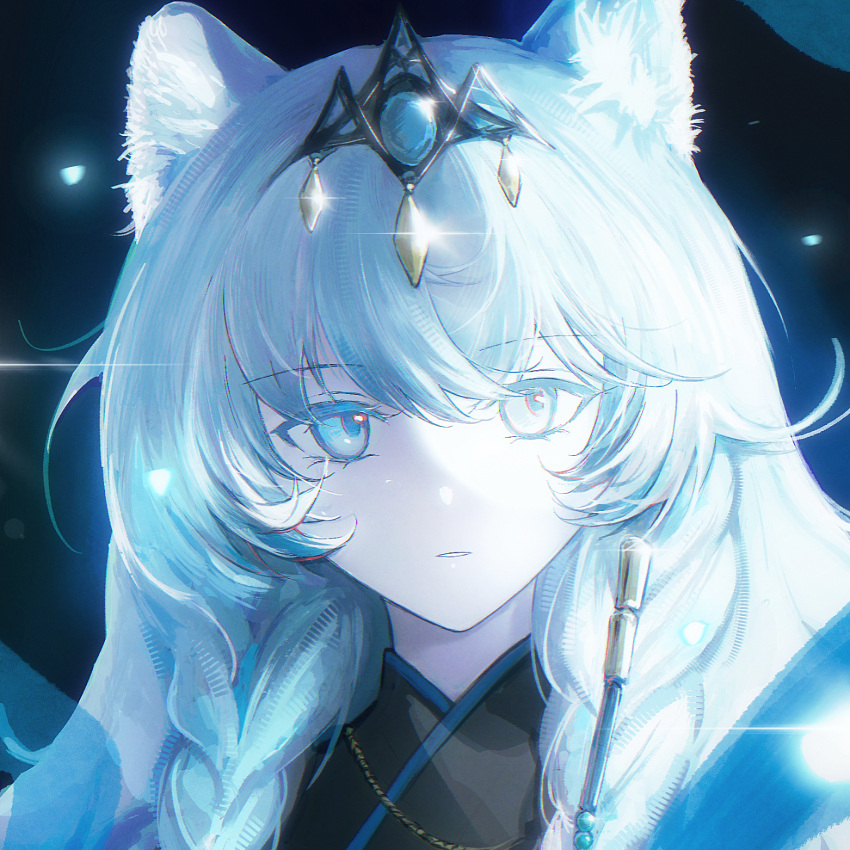 1girl, animal_ear_fluff, animal_ears, arknights, braid, commentary, glint, gold, hair_ornament, highres, light_particles, livide, long_hair, looking_to_the_side, parted_lips, portrait, pramanix_(arknights), pramanix_the_prerita_(arknights), solo, twin_braids, untranslatable_commentary, white_eyes, white_hair