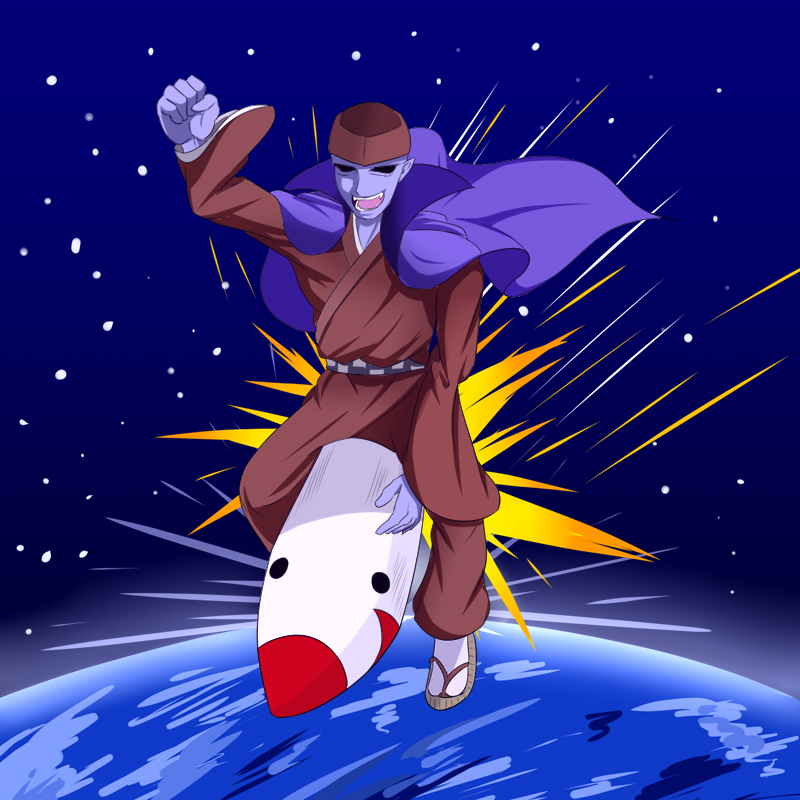 1boy, 1girl, blue_cape, cape, clenched_hand, colored_skin, commentary_request, earth_(planet), fangs, fortune_teller_(touhou), hat, hidaruma, japanese_clothes, kimono, long_sleeves, mimi-chan, missile, planet, riding_rocket, sandals, socks, solo_focus, space, touhou, white_socks