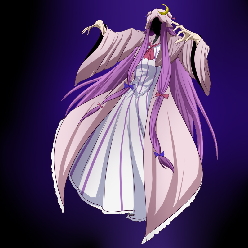 1girl, ascot, blue_background, blue_bow, blue_ribbon, bow, commentary_request, crescent