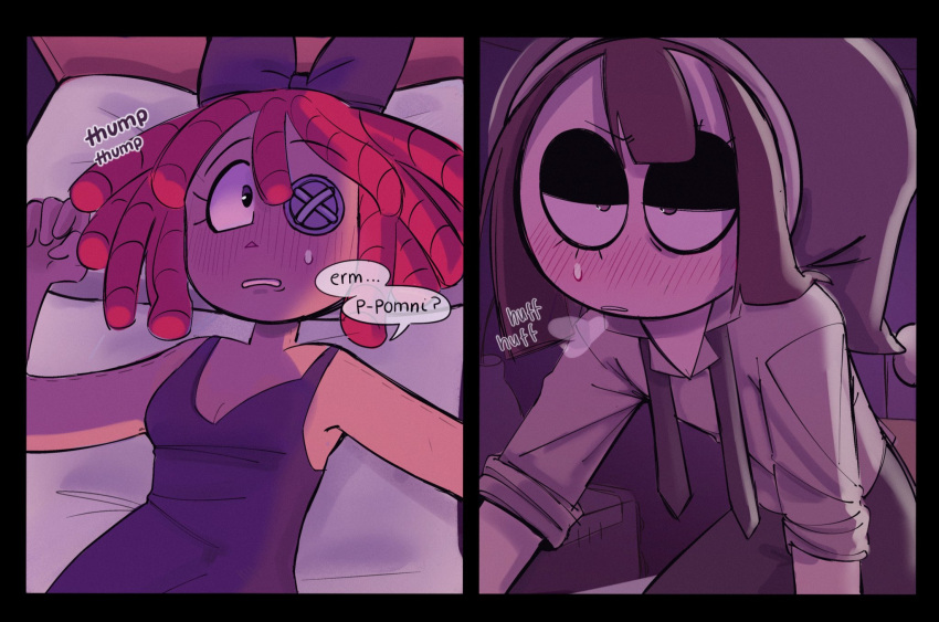 2girls, bare_arms, black_dress, black_eyelids, black_necktie, black_pants, blush, bow, button_eyes, buttons, collared_shirt, curryroux08, dress, drunk, hair_bow, hat, highres, jester, jester_cap, kneeling, loose_necktie, lying, multiple_girls, necktie, on_back, on_bed, pants, parted_lips, pillow, pomni_(the_amazing_digital_circus), purple_bow, ragatha_(the_amazing_digital_circus), red_hair, shirt, short_sleeves, sleeveless, sleeveless_dress, sleeves_rolled_up, sweatdrop, teeth, the_amazing_digital_circus, unbuttoned, unbuttoned_shirt, white_shirt, yuri