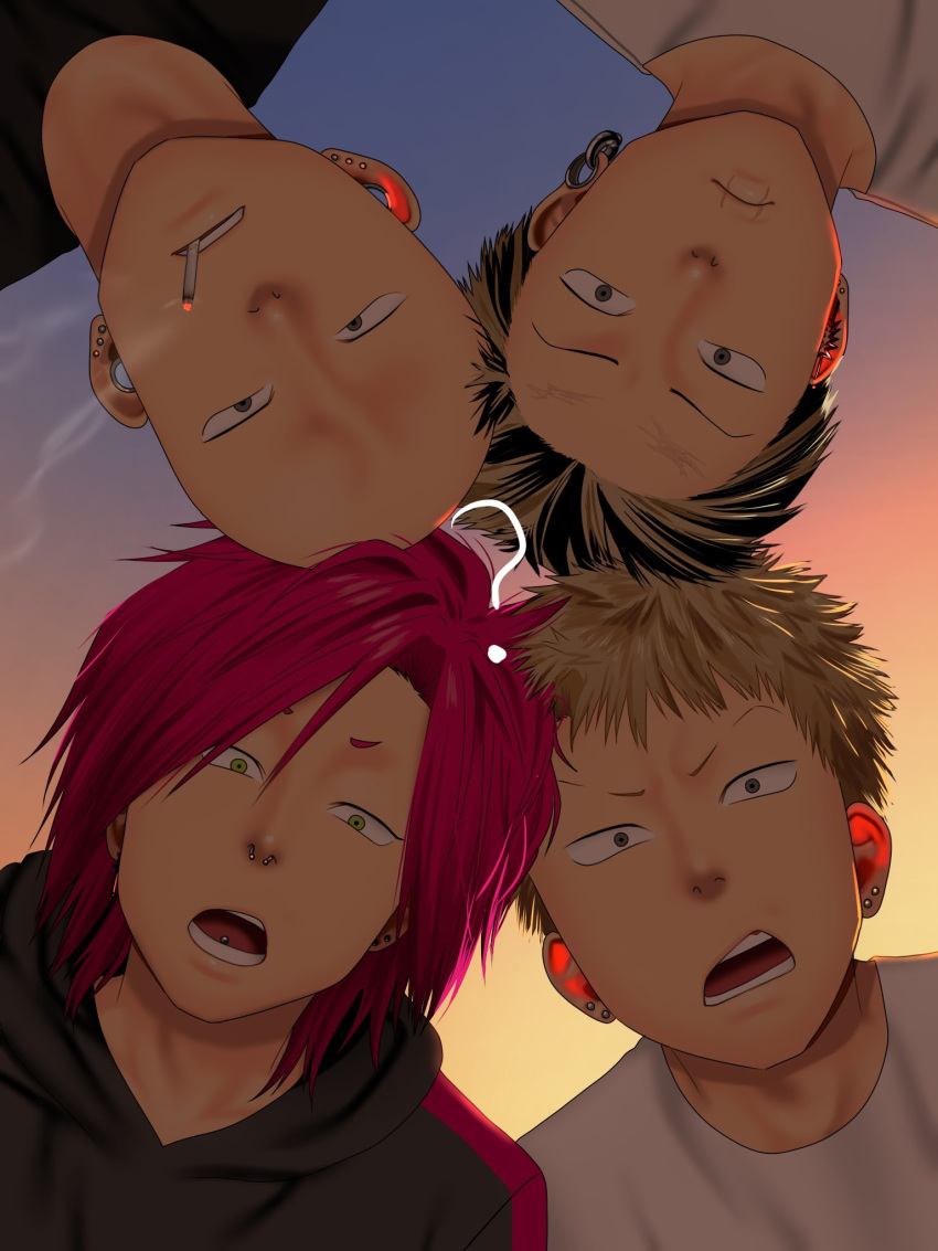 4boys, bald, black_hair, black_hoodie, blonde_hair, cigarette, commentary_request, confused