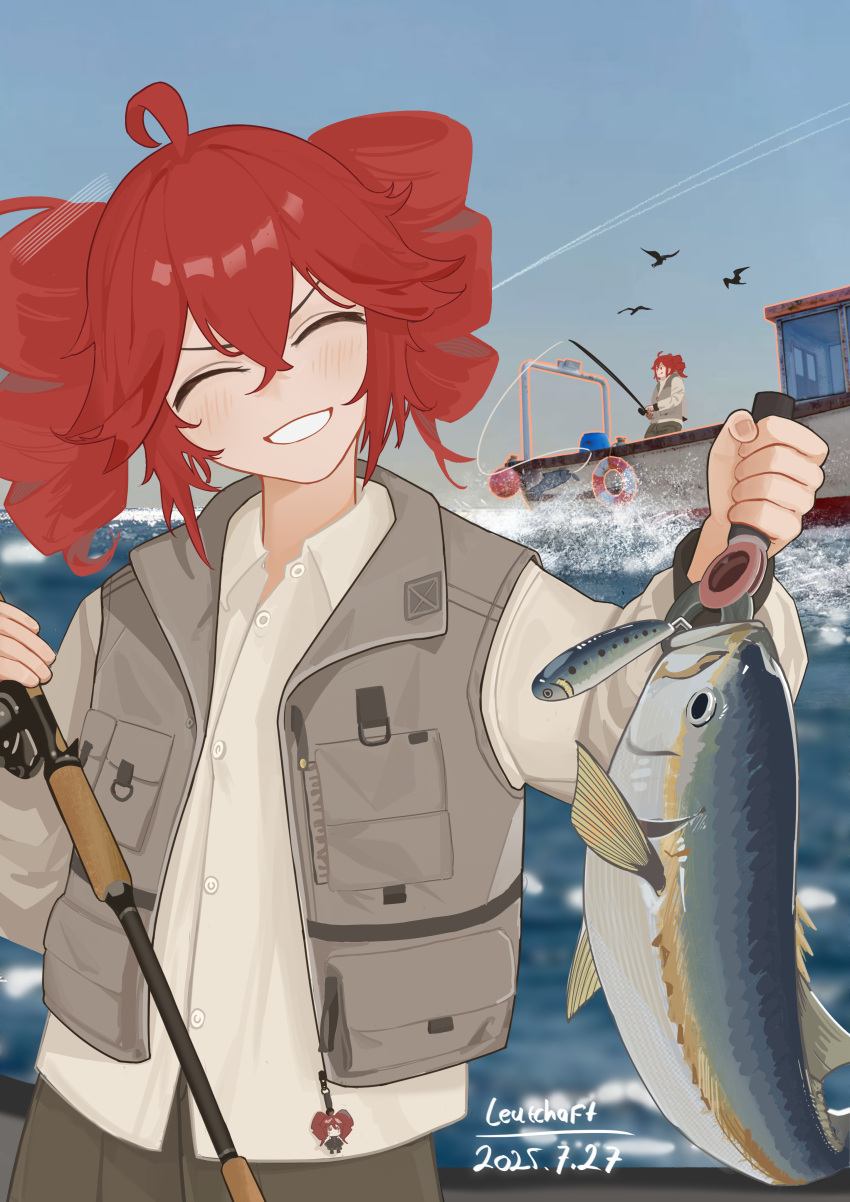 1girl, ^_^, absurdres, ahoge, artist_name, bird, blush, boat