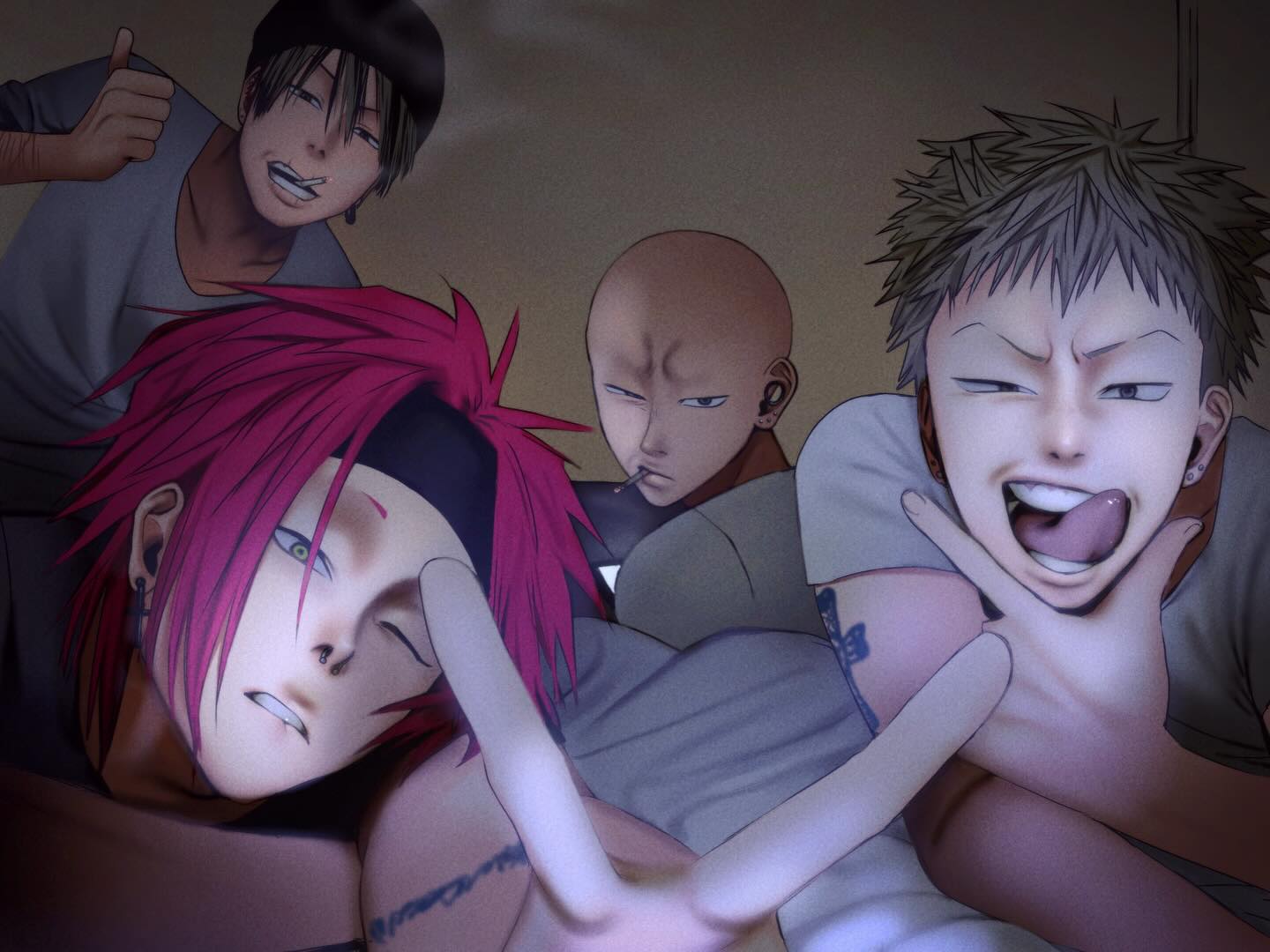 4boys, arm_tattoo, bald, beanie, biting_own_lip, black_hat, black_headband, brown_hair