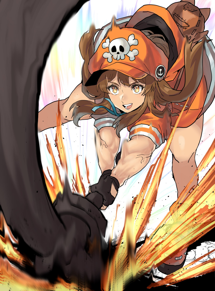 1girl, absurdres, alternate_muscle_size, anchor, backpack, bag, bent_over, black_gloves, brown_eyes, brown_hair, chikoinochi, fingerless_gloves, gloves, guilty_gear, guilty_gear_strive, hat, hat_ornament, highres, holding, holding_weapon, hood, hoodie, huge_weapon, incoming_attack, long_hair, may_(guilty_gear), motion_blur, muscular, muscular_female, newsboy_cap, open_mouth, orange_hoodie, pirate_hat, skull_and_crossbones, smile, solo, veins, weapon