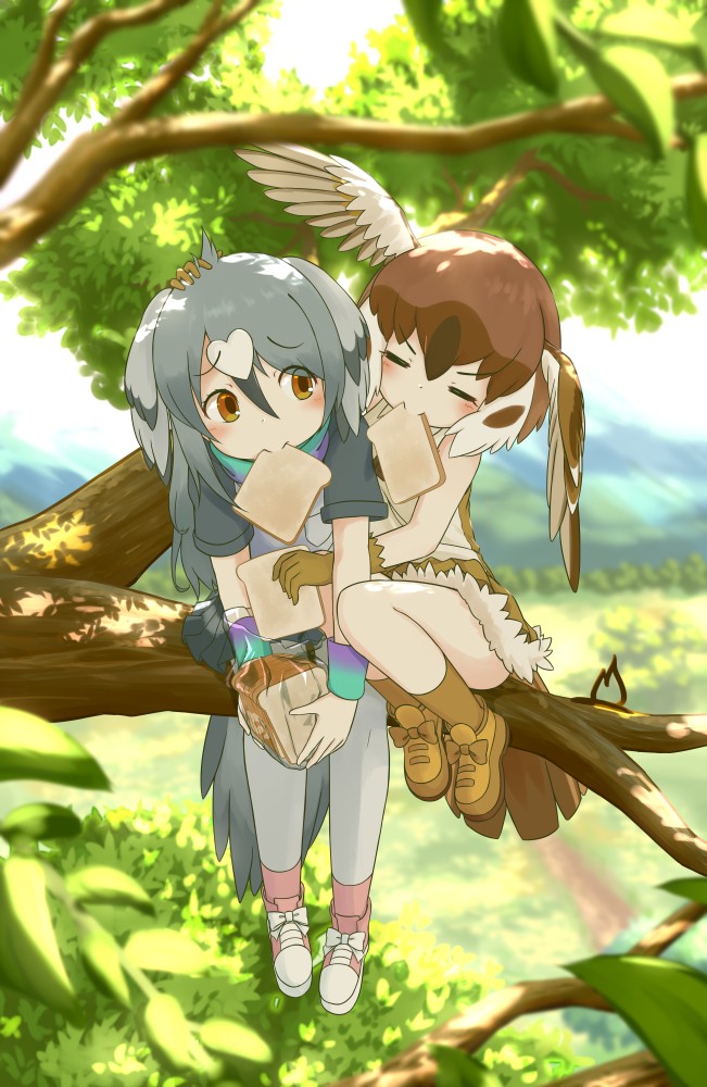 2girls, bare_shoulders, bird_girl, bird_tail, bird_wings, black_hair, black_shirt, blush