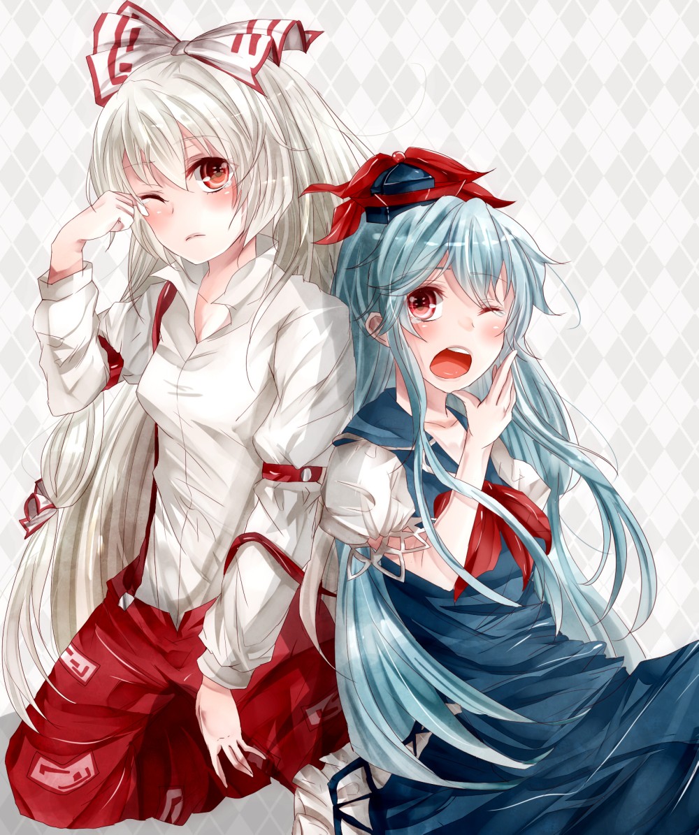 blue_hair, bow, dress, dress_shirt, fujiwara_no_mokou, hair_bow, hat, kamishirasawa_keine