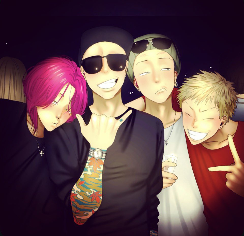 4boys, \m/, arm_around_neck, arm_tattoo, beanie, black_hat, black_jacket, blonde_hair, closed_eyes, commentary, cross, cross_necklace, cup, drinking_glass, earrings, frown, gogoro02, green_eyes, green_hat, gyaruo, hat, holding, holding_cup, jacket, jewelry, male_focus, mismatched_earrings, multiple_boys, multiple_earrings, necklace, no_eyebrows, original, pink_hair, plug_(piercing), short_eyebrows, shot_glass, sideways_glance, spiky_hair, stud_earrings, sunglasses, tattoo, untranslatable_commentary, watch