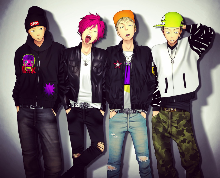 4boys, arm_behind_head, baseball_cap, beanie, black_hair, black_hat, black_jacket, blonde_hair