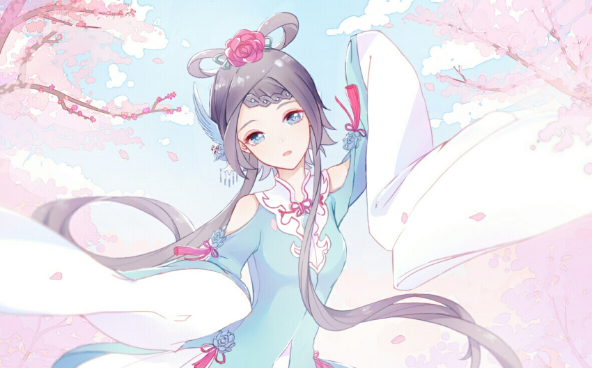 1girl, aqua_dress, aqua_ribbon, bare_shoulders, beads, blue_eyes, blue_sky, bow-shaped_hair, braid, cherry_blossoms, chinese_clothes, chinese_commentary, clothing_cutout, clouds, collar, commentary_request, cowboy_shot, dancing, day, detached_collar, dot_nose, dress, expressionless, eyelashes, eyeshadow, falling_petals, flower, grey_hair, hair_beads, hair_flower, hair_ornament, hair_over_shoulder, hair_ribbon, hair_rings, layered_sleeves, long_hair, long_sleeves, looking_at_viewer, luo_tianyi, makeup, mandarin_collar, miqing, open_mouth, outdoors, petals, pink_eyeshadow, pink_flower, pink_rose, pleated_skirt, ribbon, rose, san_yue_yu_(vocaloid), shoulder_cutout, single_braid, skirt, skirt_under_dress, sky, sleeves_past_fingers, sleeves_past_wrists, solo, spring_(season), standing, tassel, tree, very_long_hair, vocaloid, vsinger_(vocaloid), white_collar, white_skirt, white_sleeves, wide_sleeves
