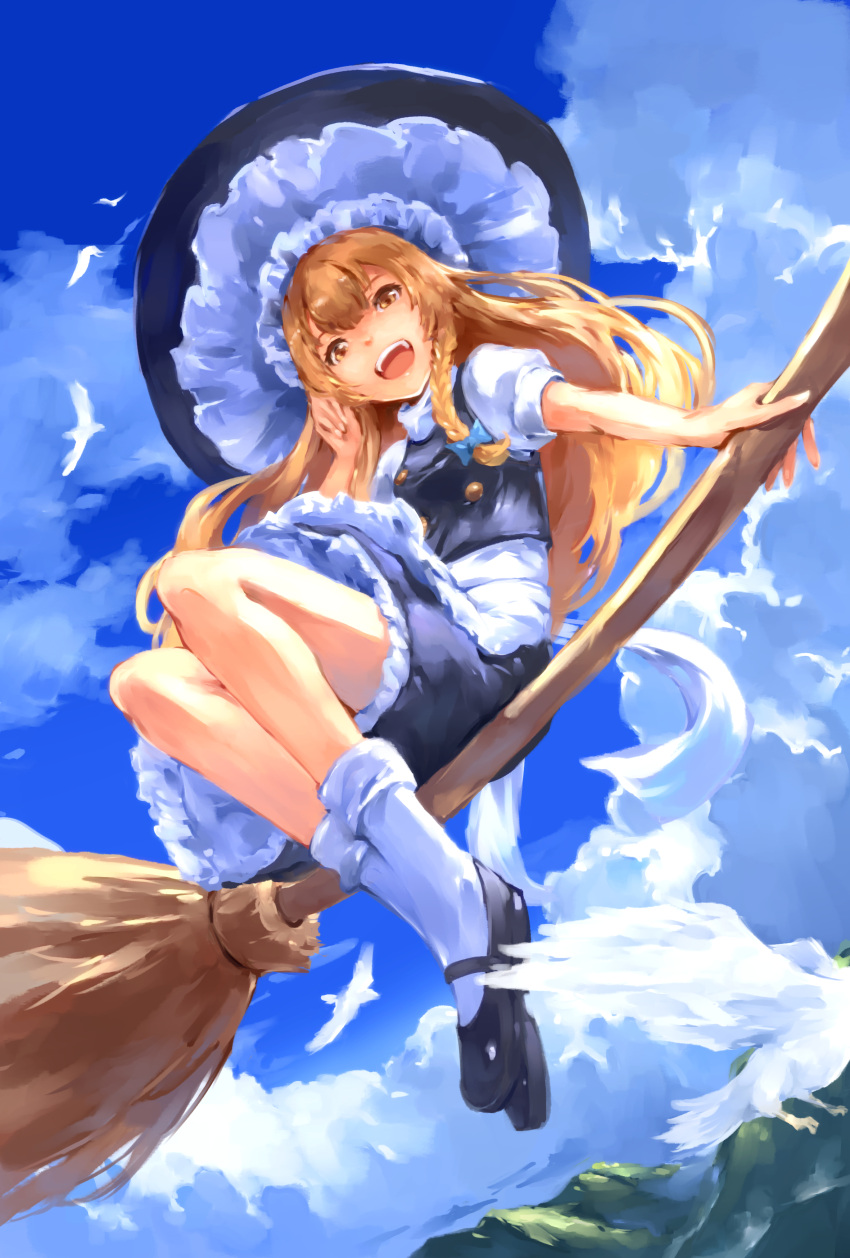 1girl, 1naonline, absurdres, apron, black_hat, black_shoes, black_skirt, black_vest, blonde_hair, bow, braid, braided_sidelock, broom, broom_riding, commentary, day, flying, frilled_skirt, frills, full_body, hair_bow, hat, highres, kirisame_marisa, long_hair, looking_at_viewer, mountainous_horizon, open_mouth, outdoors, puffy_short_sleeves, puffy_sleeves, shirt, shoes, short_sleeves, skirt, sky, socks, solo, teeth, touhou, upper_teeth_only, vest, white_apron, white_shirt, white_socks