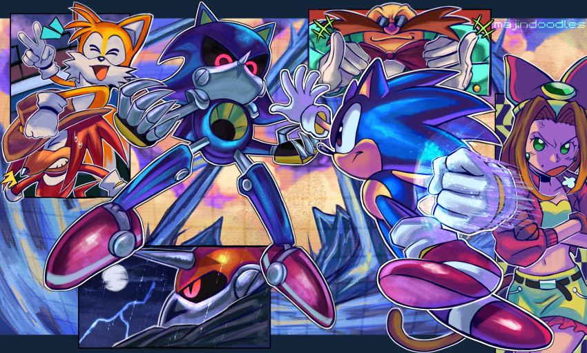 +++, 1girl, 5boys, :3, absurdres, animal_ears, animal_nose, blue_fur, bow, bowtie, brown_hair, choker, closed_eyes, cowboy_hat, crop_top, crossed_arms, dr._eggman, facial_hair, fighting, fox_tail, furry, furry_male, gloves, green_eyes, hair_bow, hat, highres, ice, jacket, knuckles_the_echidna, lightning, majindoodles, mechanical_arms, metal_sonic, midriff, multiple_boys, mustache, navel, open_mouth, optical_sight, red_eyes, robot, sara_(sonic), shoes, skirt, smile, sonic_(series), sonic_the_hedgehog, sonic_the_hedgehog_(ova), suit, sweatdrop, tail, tails_(sonic), thumbs_up, v, violet_eyes, white_gloves