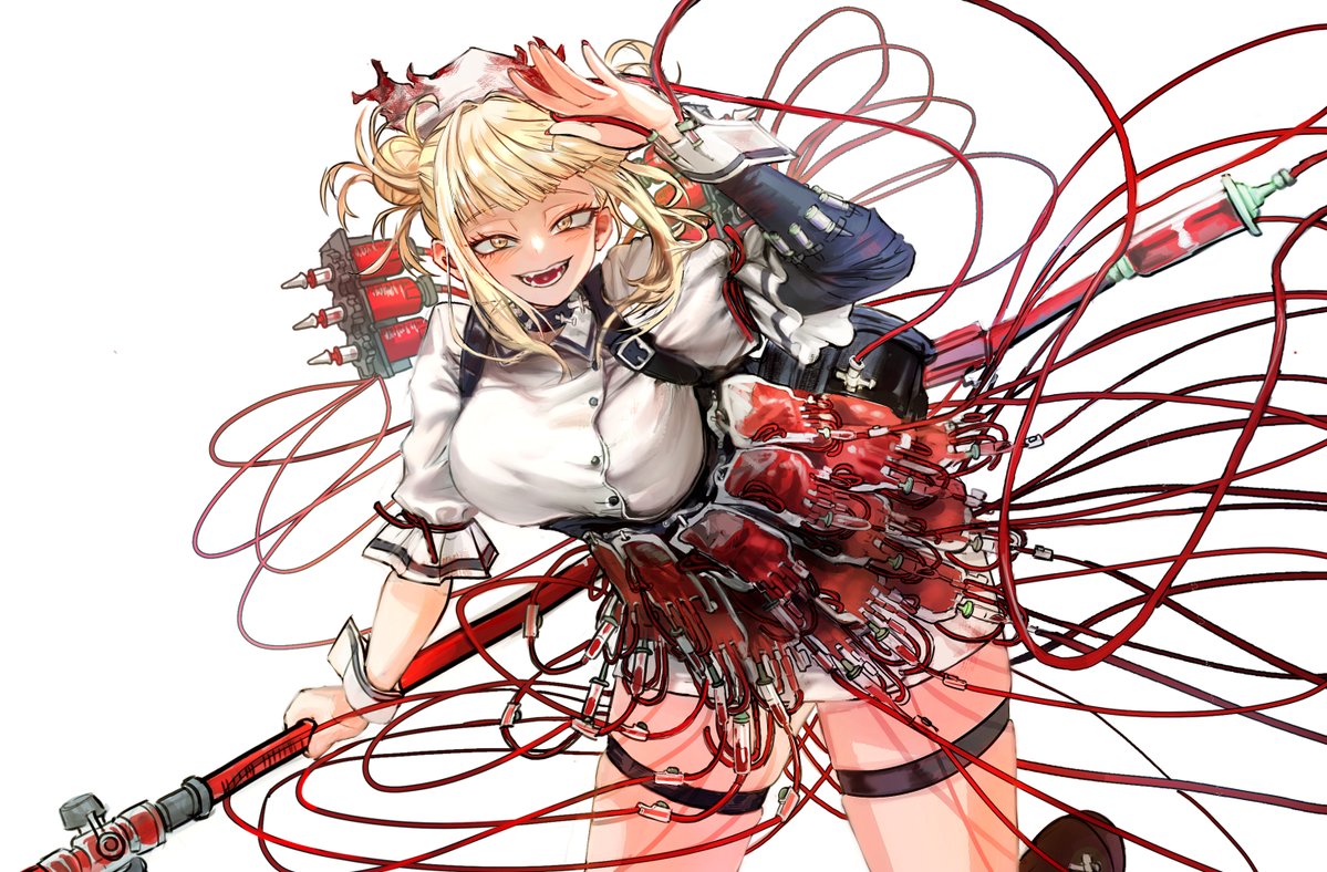 1girl, blonde_hair, blood, blood_bag, blood_on_clothes, boku_no_hero_academia, breasts, byeol_geo