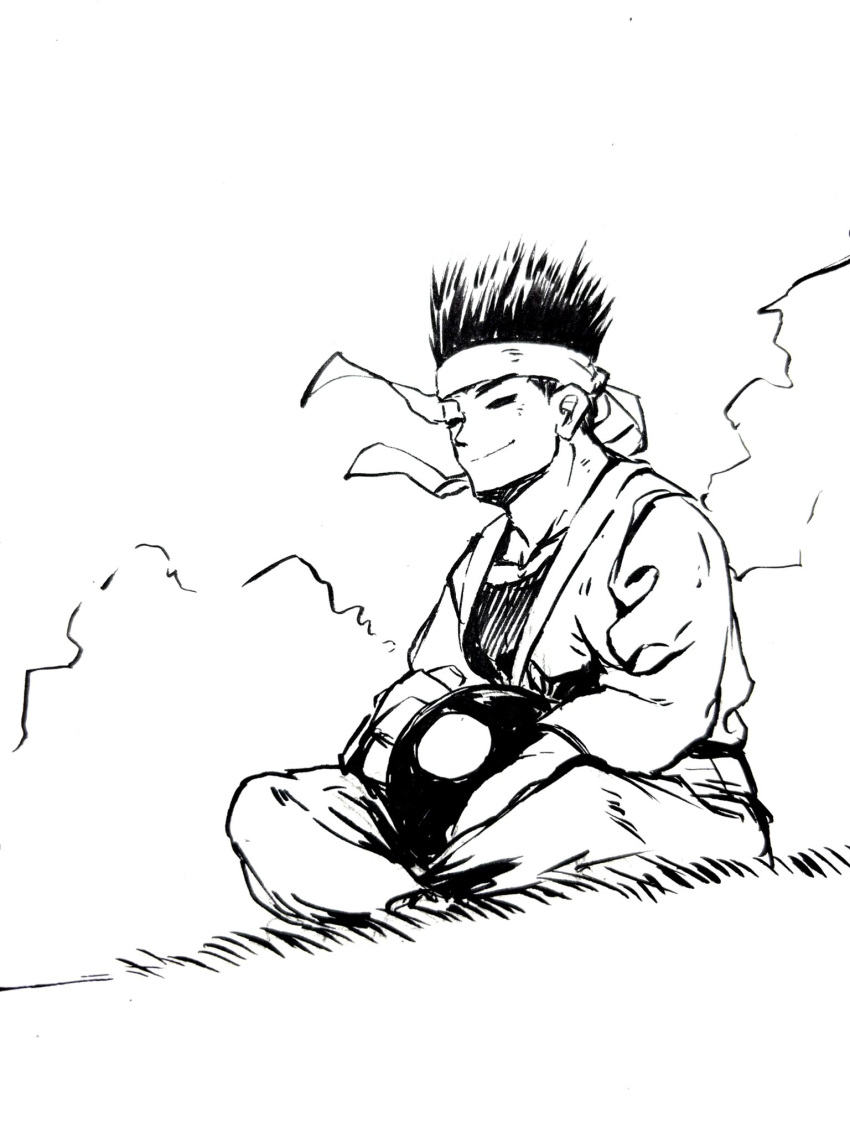 1boy, closed_eyes, closed_mouth, clouds, full_body, grass, greyscale, headband