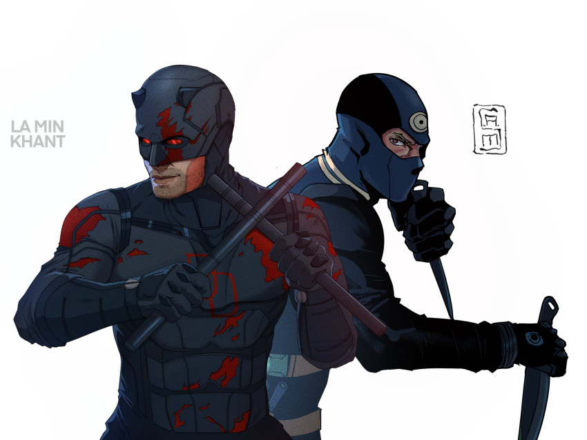 2boys, bullseye_(marvel), character_logo, daredevil, daredevil_(netflix), highres, holding, holding_nunchaku