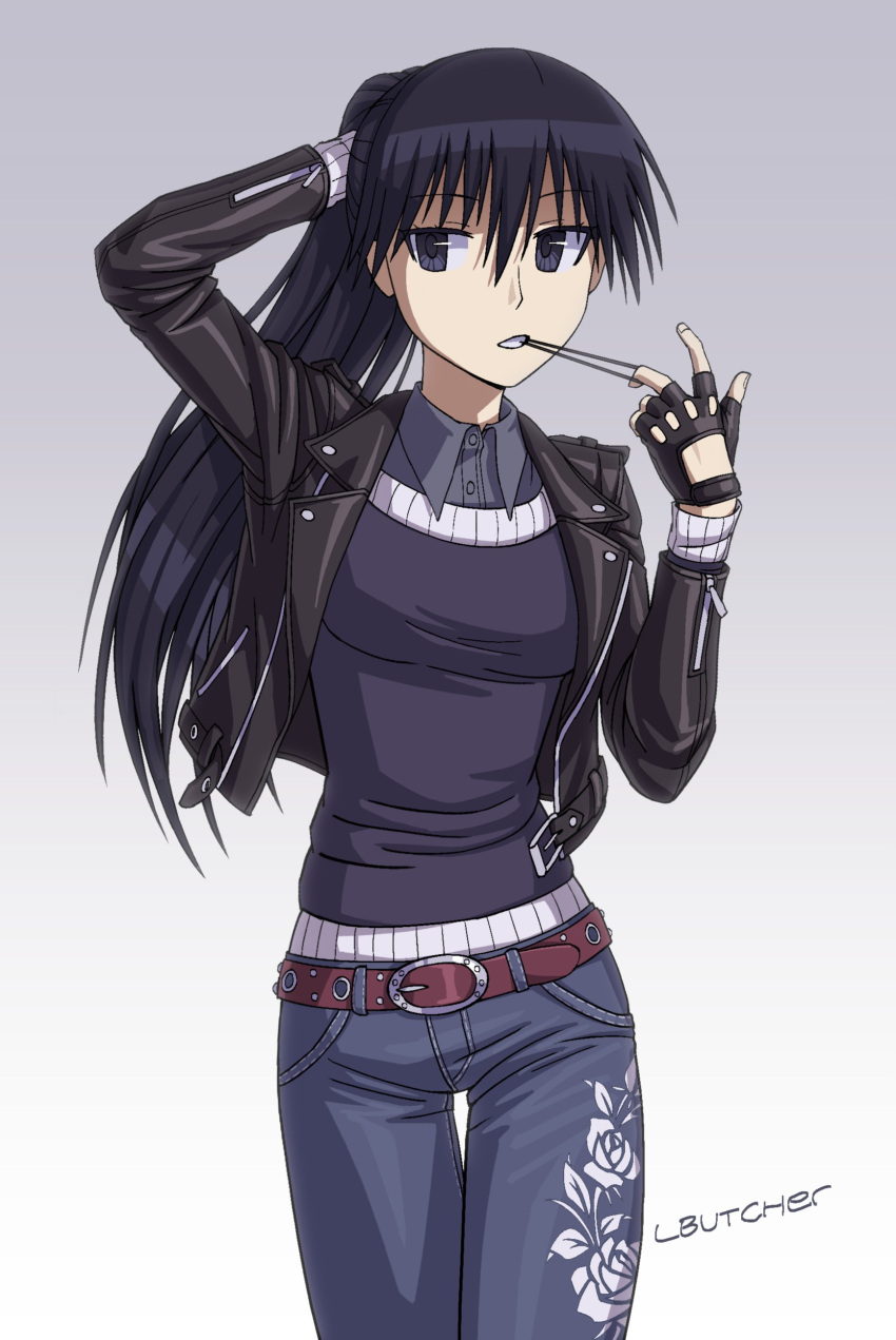 1girl, absurdres, artist_name, azumanga_daioh, belt, black_eyes, black_gloves, black_hair