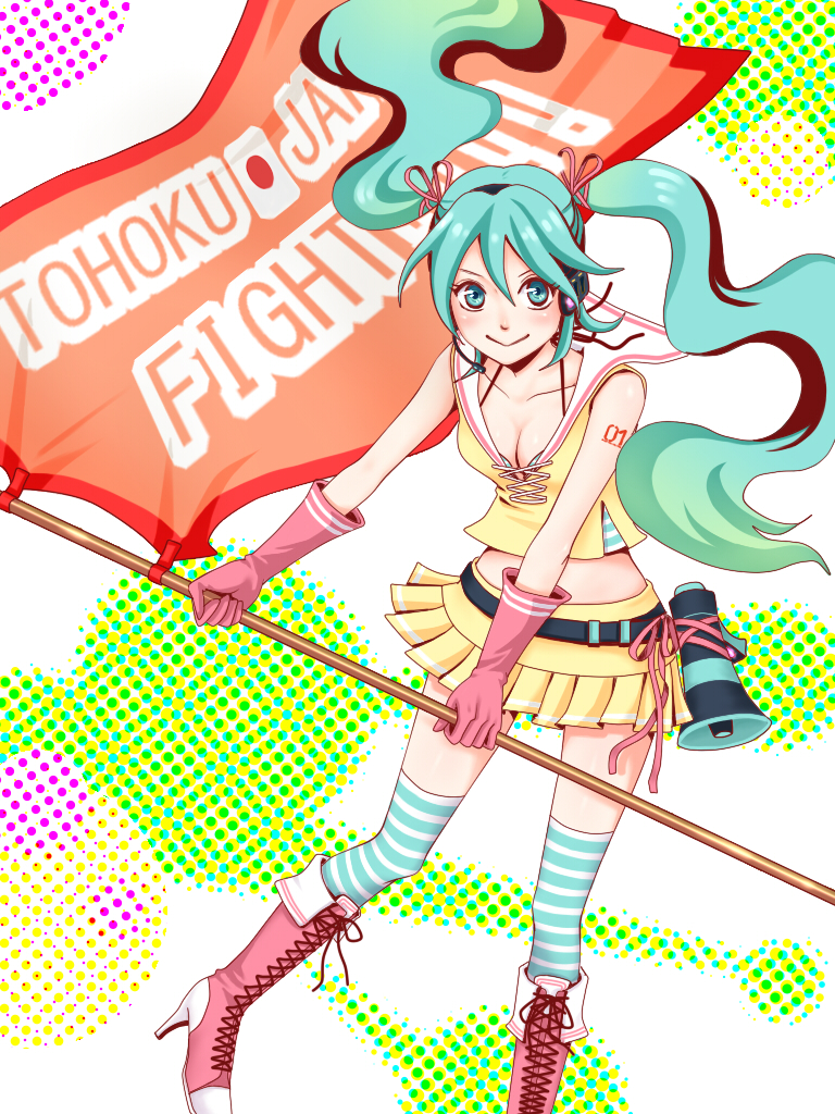 :>, aqua_eyes, aqua_hair, belt, boots, cross-laced_footwear, flag, floating_hair