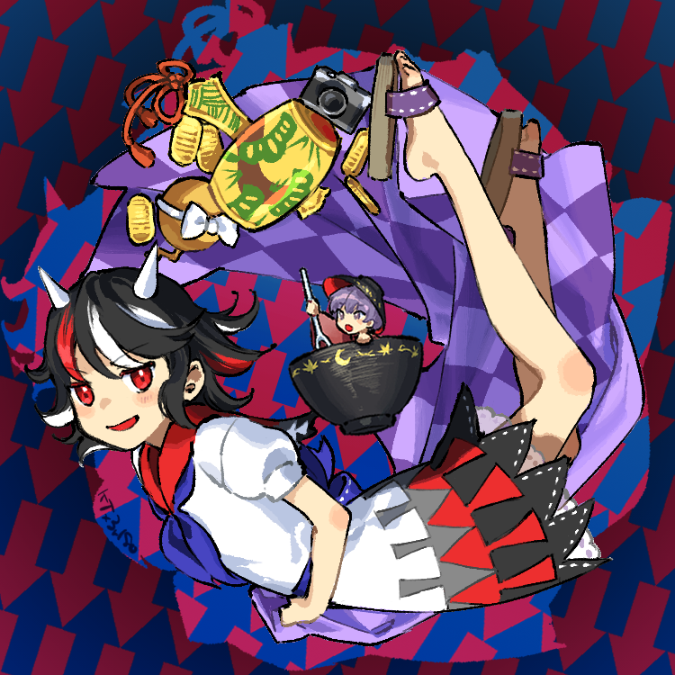 2girls, arrow_print, black_hair, blush, bowl, bowl_hat, camera, coin