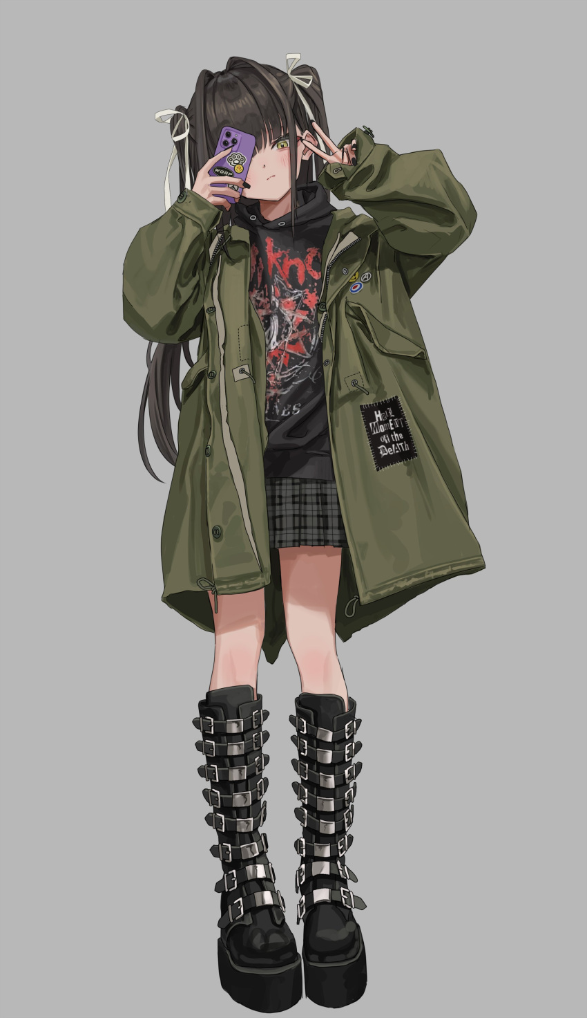1girl, absurdres, belt_boots, black_boots, black_hoodie, black_nails, boots, brown_hair, cellphone, demonia_(brand), gishiki_(gshk), green_jacket, grey_background, highres, hood, hoodie, jacket, jacket_over_hoodie, knee_boots, military_jacket, original, phone, plaid_clothes, plaid_skirt, simple_background, skirt, slipknot, smartphone, solo, v, yellow_eyes