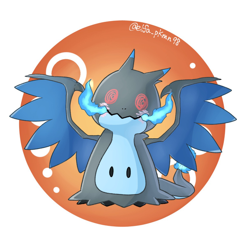 black_eyes, blue_fire, charizard, commentary_request, cosplay, fire, flame-tipped_tail, full_body