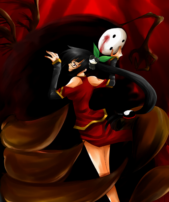 arakune, bare_shoulders, black_hair, blazblue, chinadress, female, glasses, lao_jiu