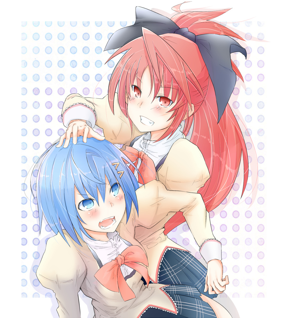blue_hair, blush, hand_on_head, hope_yakisoba, long_hair, mahou_shoujo_madoka_magica, miki_sayaka, multiple_girls