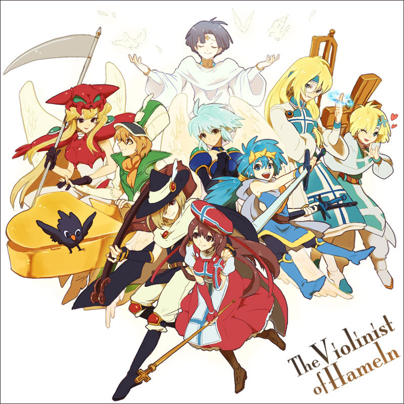 blue_eyes, blue_hair, brown_eyes, cape, closed_eyes, cornet_(violinist_of_hameln), cross, everyone