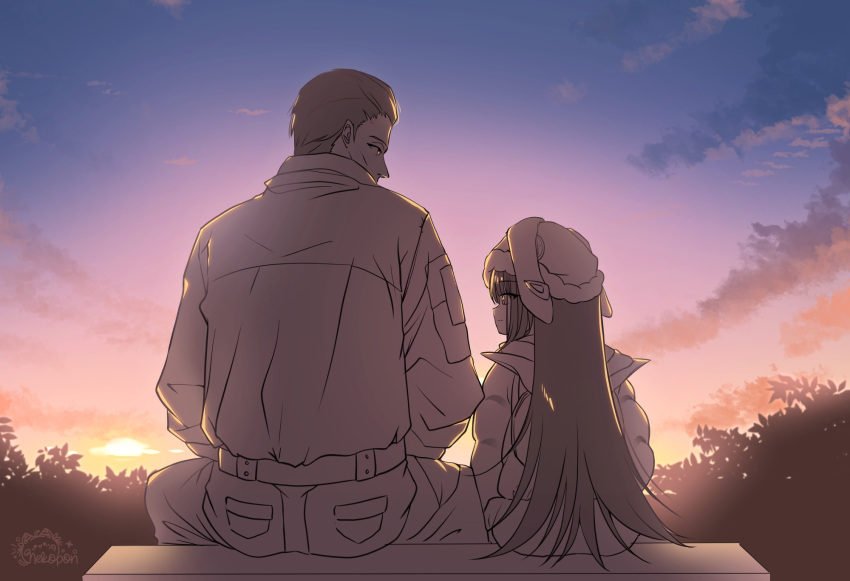 1boy, 1girl, black_jacket, clouds, commentary, english_commentary, evening, father_and_child, father_and_daughter, freesia_(nikke), goddess_of_victory:_nikke, gradient_sky, hat, highres, jacket, long_hair, nekoponart, orange_sky, oswald_(nikke), outdoors, parent_and_child, short_hair, sky, sun, sunset, tree