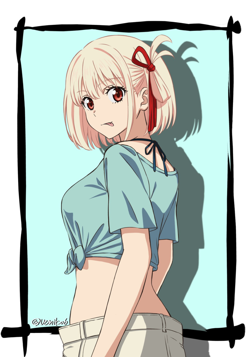 1girl, :p, blonde_hair, blue_shirt, border, commentary_request, hair_ribbon, highres, looking_at_viewer, looking_back, lycoris_recoil, midriff, nishikigi_chisato, red_eyes, ribbon, shirt, short_hair, short_sleeves, shorts, solo, tied_shirt, tongue, tongue_out, twitter_username, uemiko6, white_border