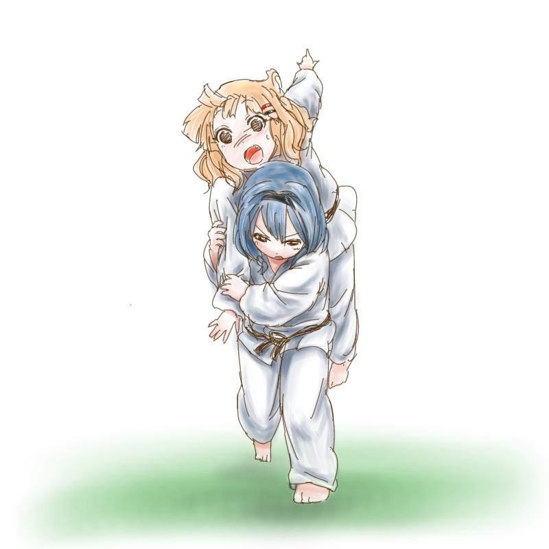 2yffmhbl, blonde_hair, blue_hair, dougi, furutani_himawari, judo, judo_throw, long_hair