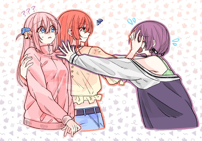 3girls, ?, ??, absurdres, blue_eyes, bocchi_the_rock!, closed_eyes, commentary