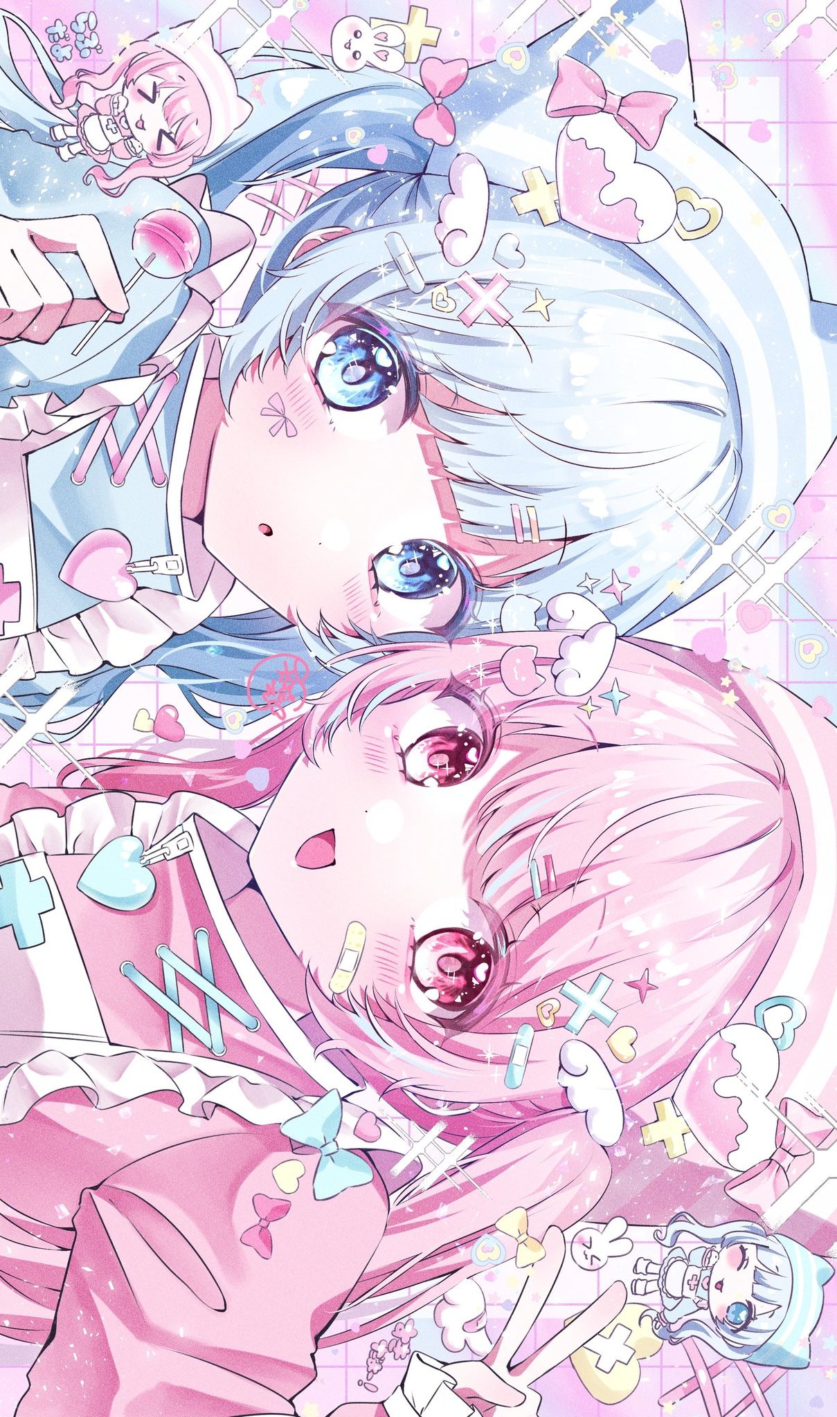>_<, 2girls, :d, bandaid, bandaid_on_cheek, bandaid_on_face, bandaid_on_hair, blue_bow