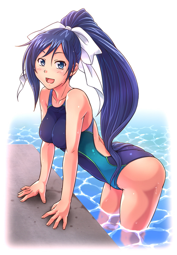 blue_hair, blush, competition_swimsuit, e20, long_hair, one-piece_swimsuit, open_mouth, ponytail