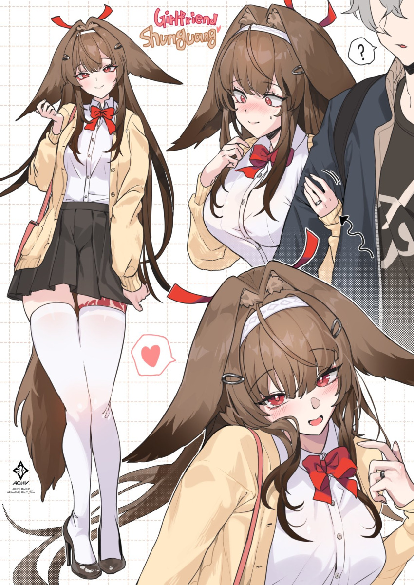 1boy, 1girl, alternate_costume, blush, brown_hair, english_text, grabbing_another's_arm, grey_hair, highres, jewelry, leg_tattoo, long_animal_ears, long_hair, red_eyes, ring, shirt, tattoo, team.achv, thigh-highs, white_shirt, white_thighhighs, wise_(zenless_zone_zero), ye_shunguang, zenless_zone_zero