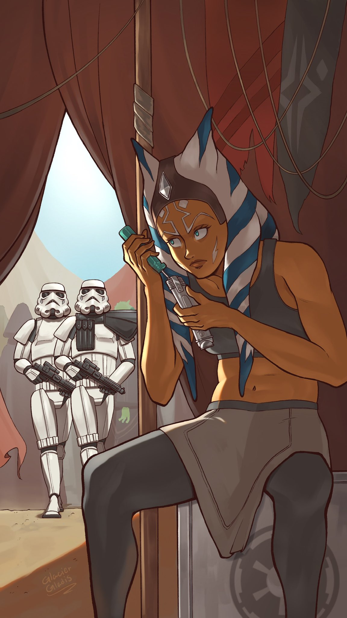 1girl, 2boys, ahsoka_tano, alien, armor, colored_skin, commentary, energy_sword