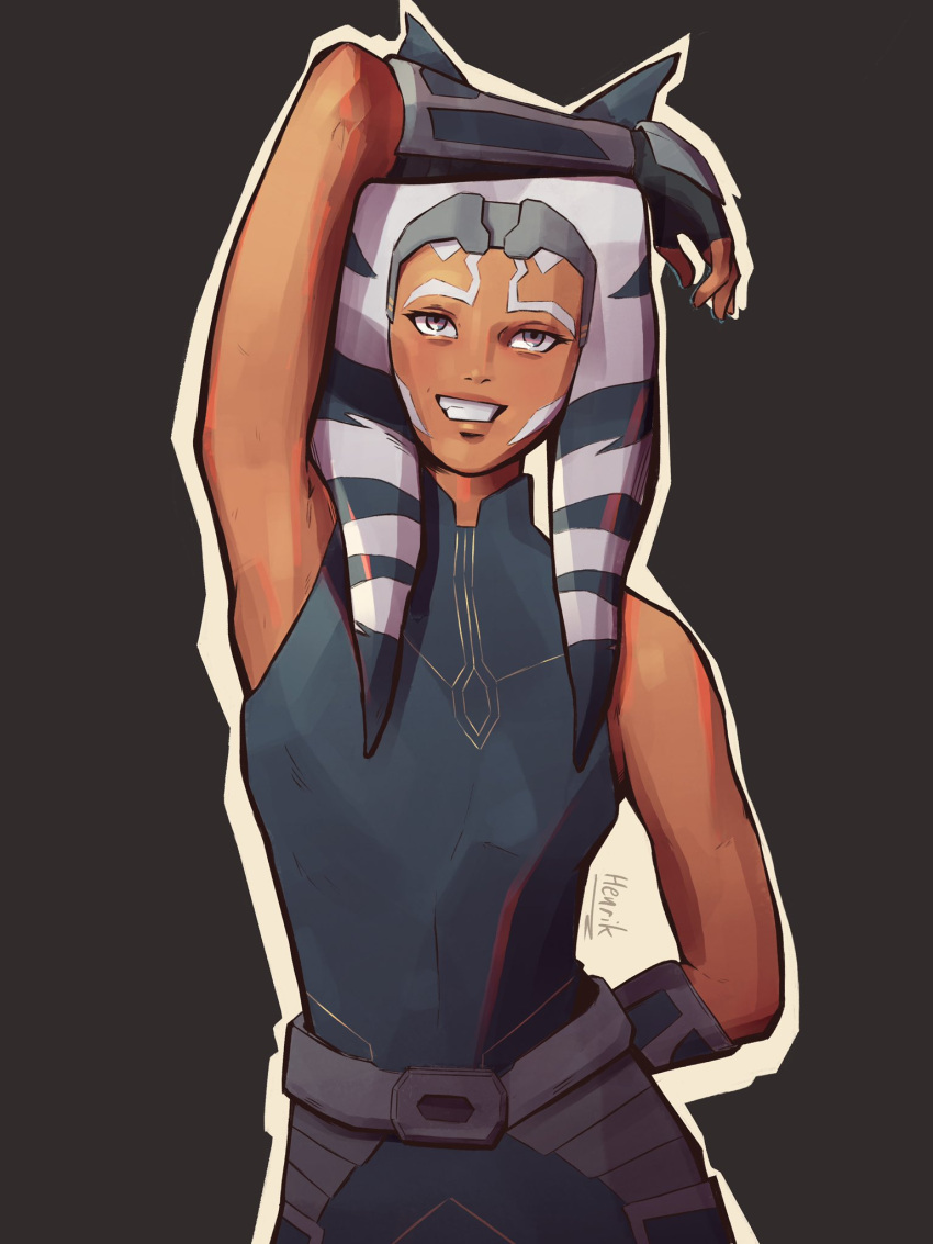 1girl, ahsoka_tano, alien, brown_background, colored_skin, glacier_gladis, grin, highres