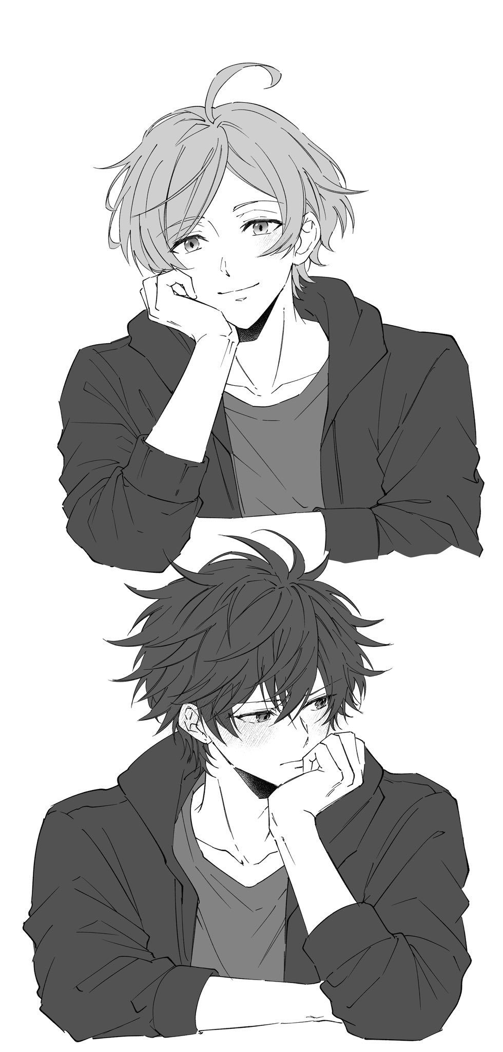 2boys, ahoge, arm_support, clenched_hand, closed_mouth, commentary_request, cropped_torso, ensemble_stars!