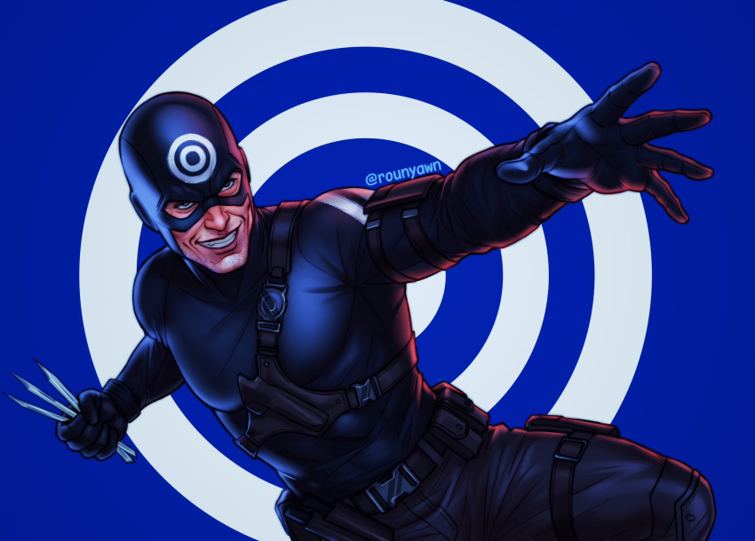 1boy, belt, black_gloves, blue_background, blue_bodysuit, bodysuit, bullseye_(marvel), character_logo