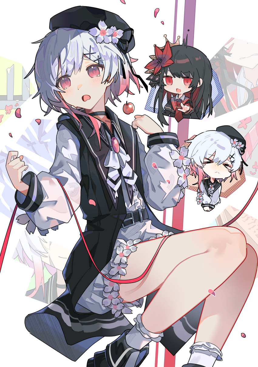 >_<, 2girls, absurdres, beret, black_choker, black_hair, black_hat, black_jacket