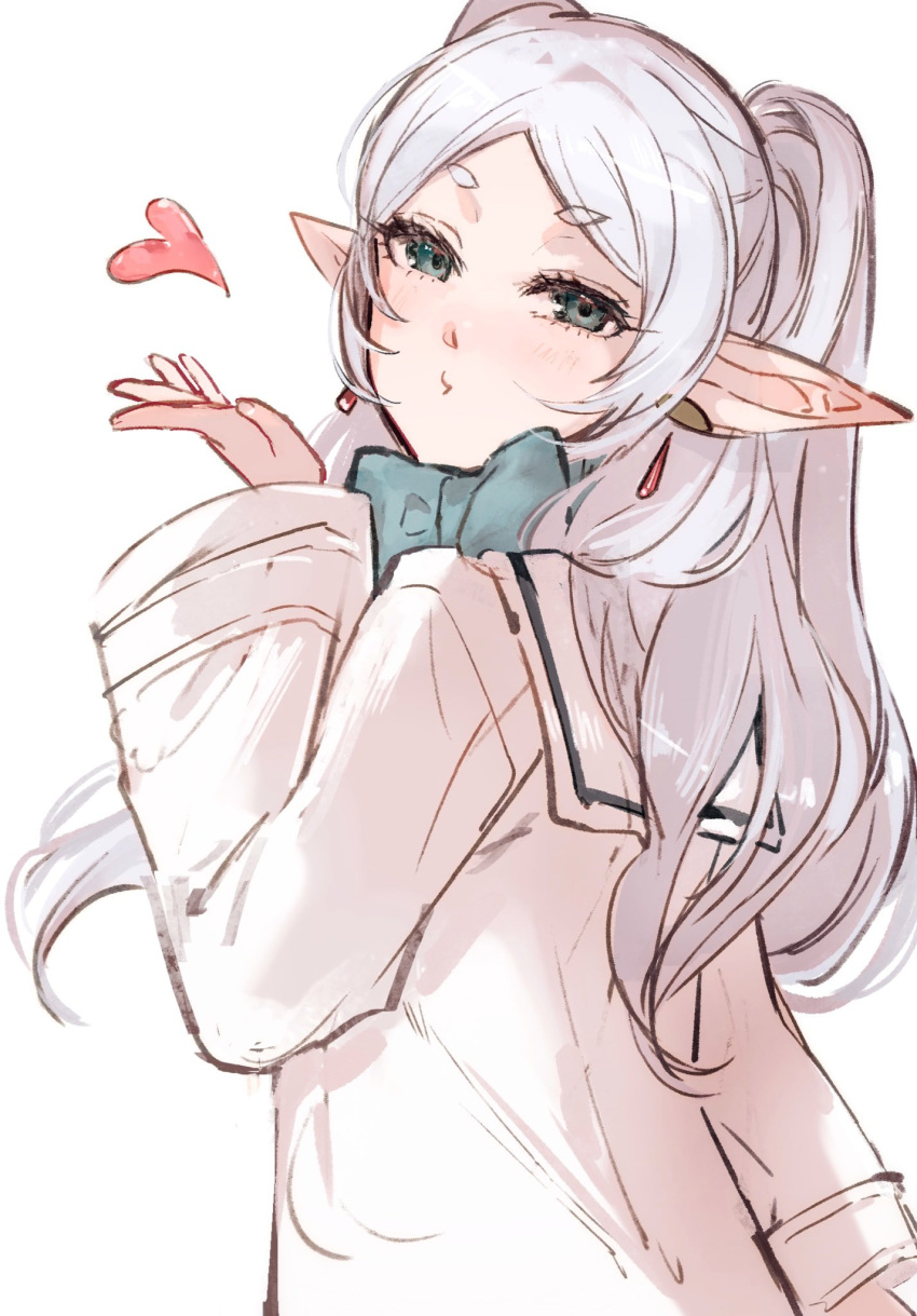 1girl, blowing_kiss, blue_scarf, coat, commentary, dodo_(dodobo), earrings, elf