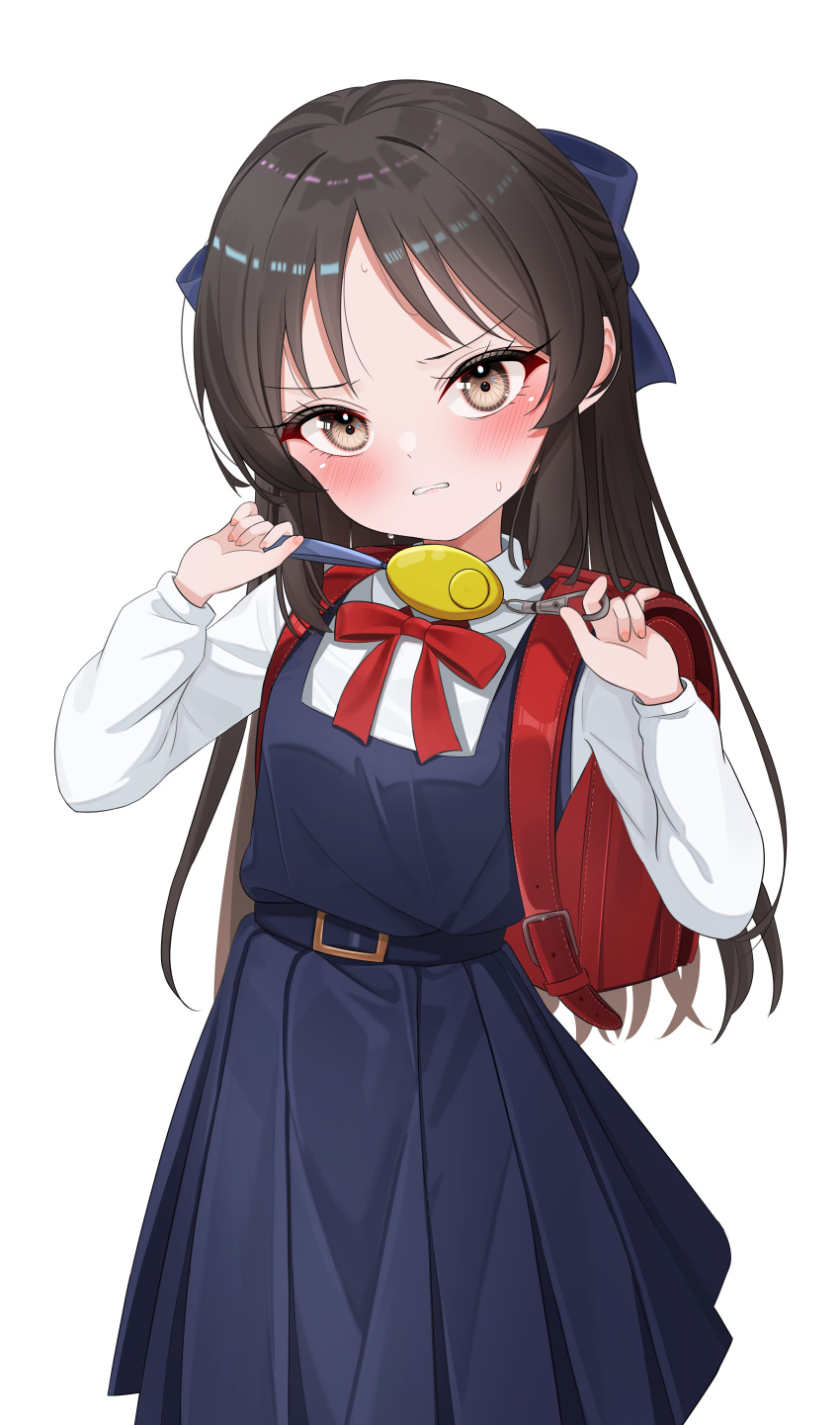 1girl, absurdres, backpack, bag, belt, blue_bow, blush, bow