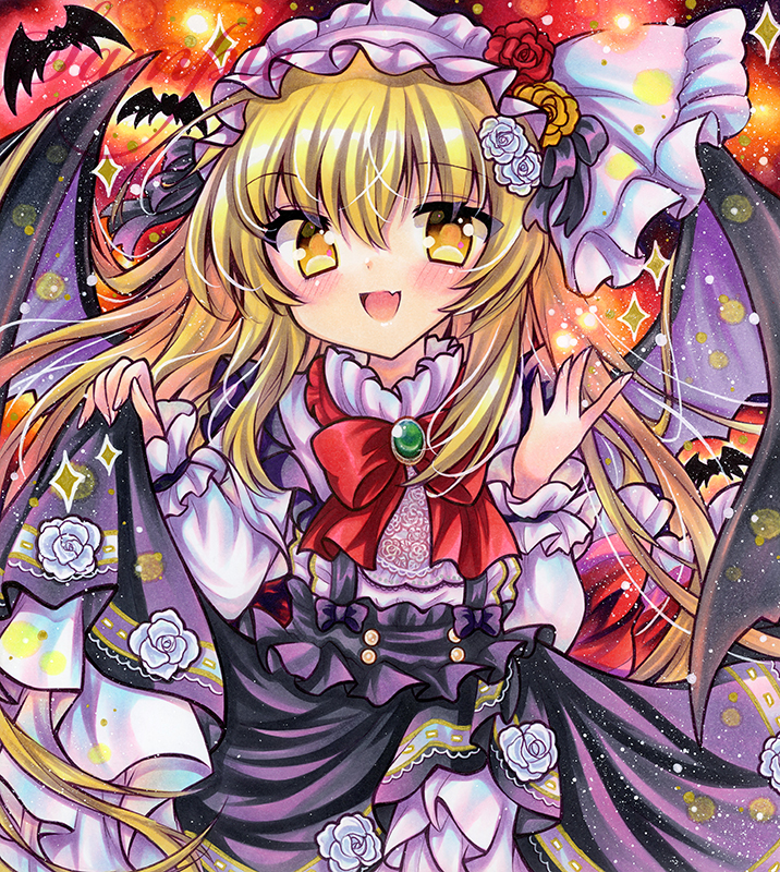 1girl, bat_(animal), bat_wings, black_skirt, blonde_hair, blush, bow, bowtie