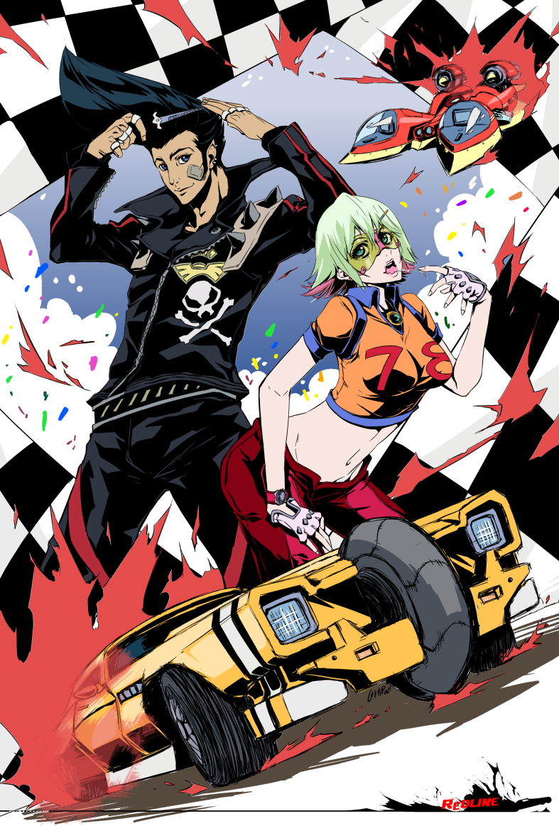black_hair, car, comb, combing, fingerless_gloves, glasses, gloves, green_hair, hair_ornament, hairclip, jacket, jewelry, jp, long_sleeves, midriff, motor_vehicle, open_mouth, pants, paolo_antonio_aguasin, pompadour, redline, ring, saliva, saliva_trail, short_shorts, shorts, skull_and_crossbones, sonoshee_mclaren, tongue, vehicle