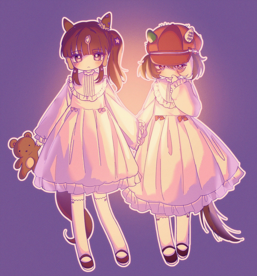 2girls, absurdres, aged_down, alternate_costume, animal_ears, blunt_bangs, blush, brown_hair
