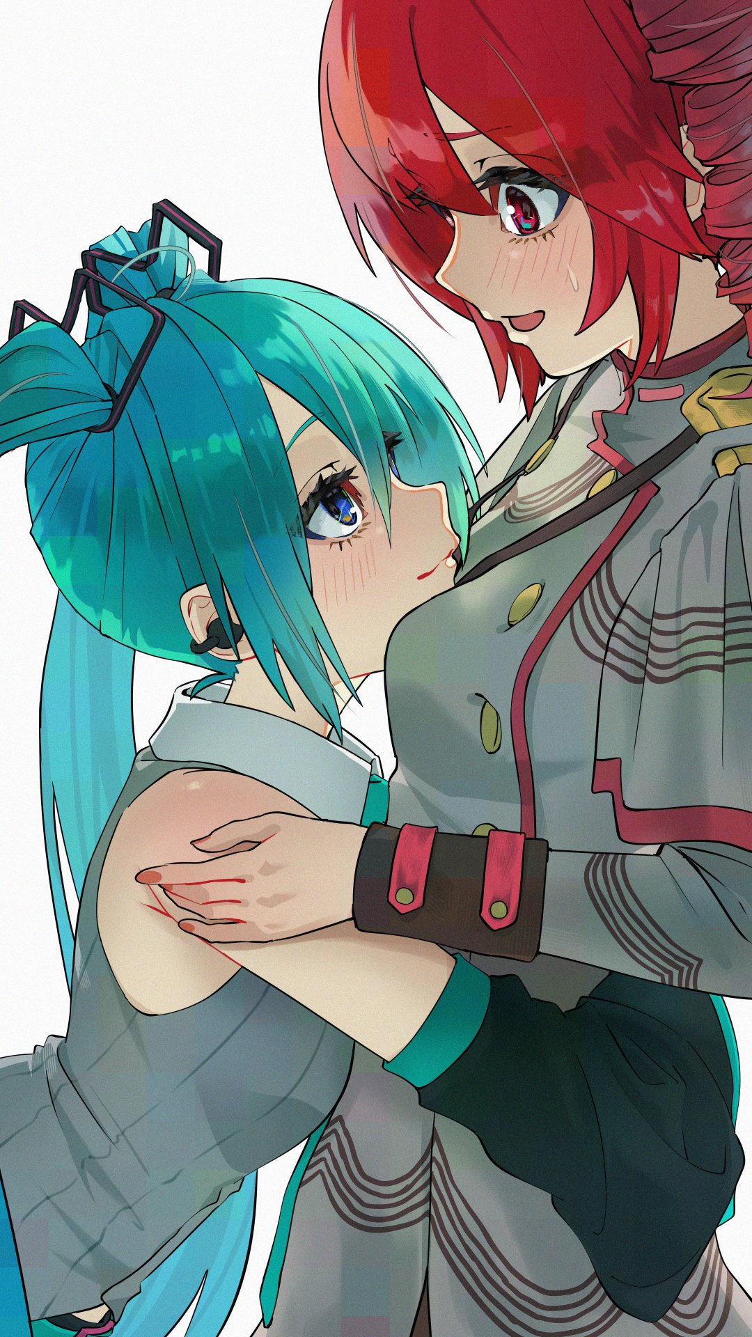 2girls, ahoge, aqua_eyes, aqua_hair, bare_shoulders, between_breasts, blue_necktie, blue_trim