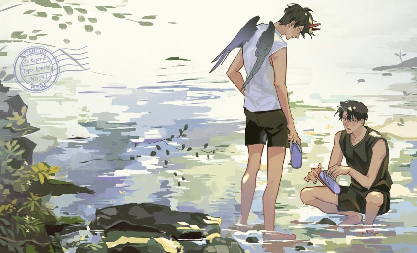 2boys, barefoot, black_shirt, black_shorts, black_wings, demon_horns, feathered_wings, full_body