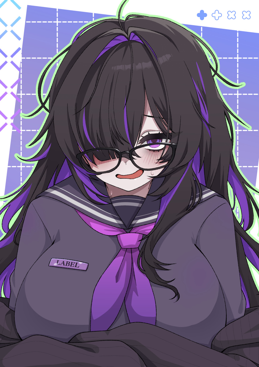 1girl, bags_under_eyes, black-framed_eyewear, black_hair, black_shirt, blush, breasts, chiji_komari
