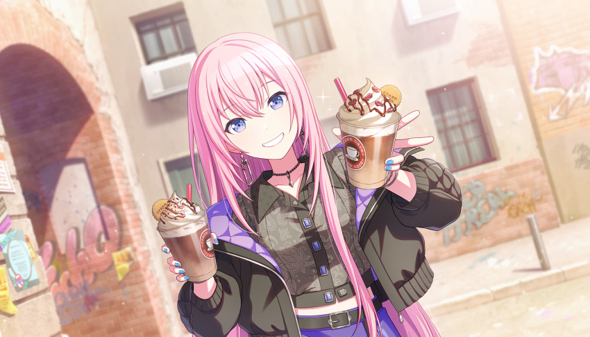 1girl, belt, belt_buckle, black_belt, black_jacket, black_skirt, blue_gem, blue_nails, blurry, blurry_background, bracelet, buckle, buttons, coffee, collared_shirt, colorful_palette, cream, cropped_shirt, cup, depth_of_field, disposable_cup, dot_nose, drinking_straw, earrings, fingernails, food, full-length_zipper, game_cg, gem, grin, hair_between_eyes, hands_up, highres, holding, holding_cup, holding_food, iced_coffee, jacket, jacket_partially_removed, jewelry, long_hair, long_sidelocks, long_sleeves, looking_at_viewer, megurine_luka, midriff_peek, nail_polish, necklace, official_art, open_clothes, open_jacket, outdoors, pink_hair, project_sekai, puffy_long_sleeves, puffy_sleeves, purple_skirt, shirt, show_'em_what's_up!_(project_sekai), sidelocks, skirt, smile, solo, sparkle, standing, teeth, third-party_source, upper_body, very_long_hair, violet_eyes, vivid_bad_squad_luka, vocaloid, w, window, zipper, zipper_pull_tab