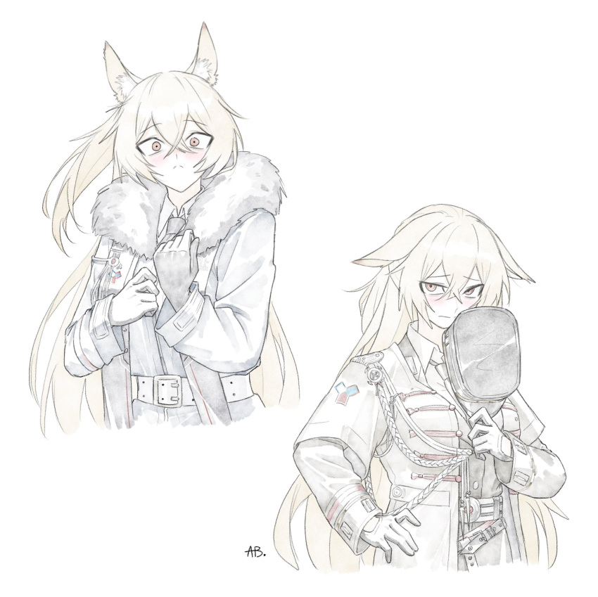 1girl, aiguillette, animal_ears, belt, biscuitaart, blonde_hair, callsign:_cedar, closed_mouth, coat, collared_shirt, fur-trimmed_coat, fur_trim, gloves, hand_on_own_hip, highres, julius_(callsign:_cedar), long_hair, long_sleeves, medal, multiple_views, necktie, orange_eyes, shirt, signature, simple_background, surprised, unworn_headwear, white_background